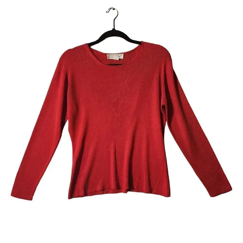 Leyla Mitra Sweater Women Size Large Red 100% Silk Crew Neck Pullover Stretchy